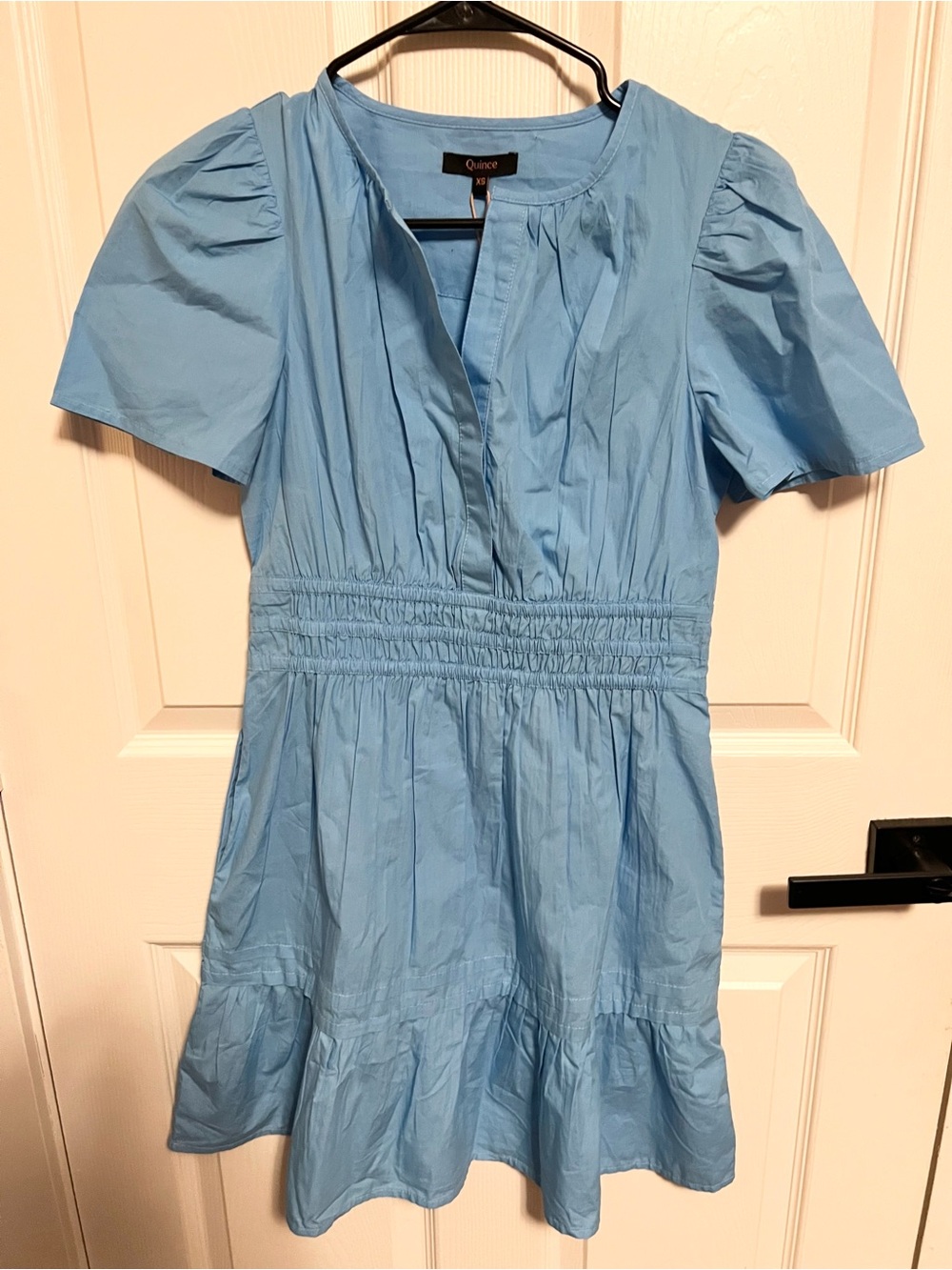 NWT Quince Organic Cotton Smocked Waist Tiered Mini Dress Blue